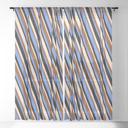 [ Thumbnail: Brown, Cornflower Blue, Black, and Beige Colored Lines/Stripes Pattern Sheer Curtain ]