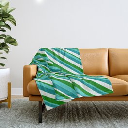 [ Thumbnail: Turquoise, Dark Cyan, Mint Cream, and Green Colored Lined Pattern Throw Blanket ]