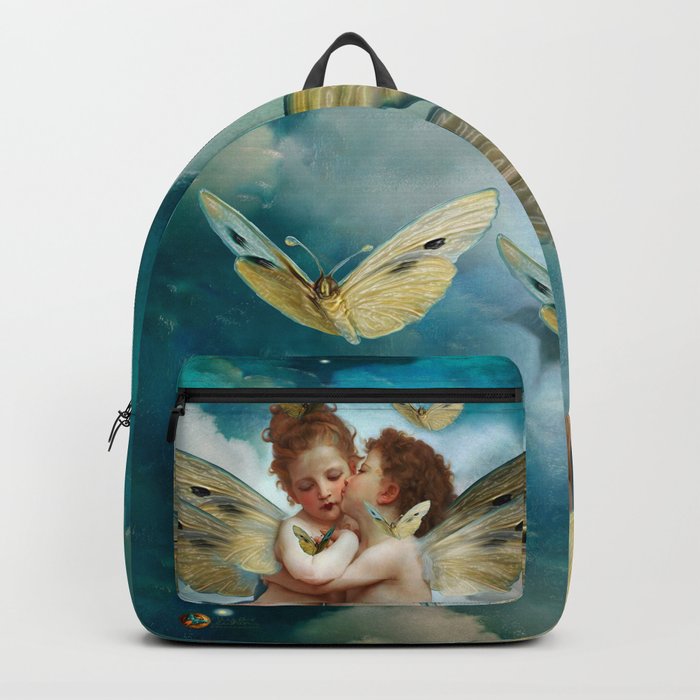 "Angels in love in heaven with butterflies" Backpack | Collage, Painting, Clouds, Angels, Love, Lovers, Heaven, Sky, Blue, Light