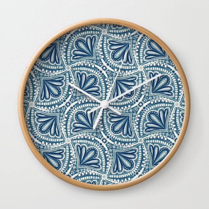 Textured Fan Tessellations in Navy Blue and White Wall Clock