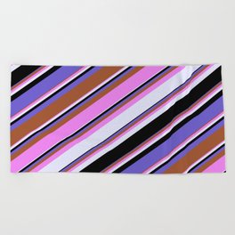 [ Thumbnail: Vibrant Violet, Lavender, Black, Slate Blue, and Sienna Colored Lines/Stripes Pattern Beach Towel ]