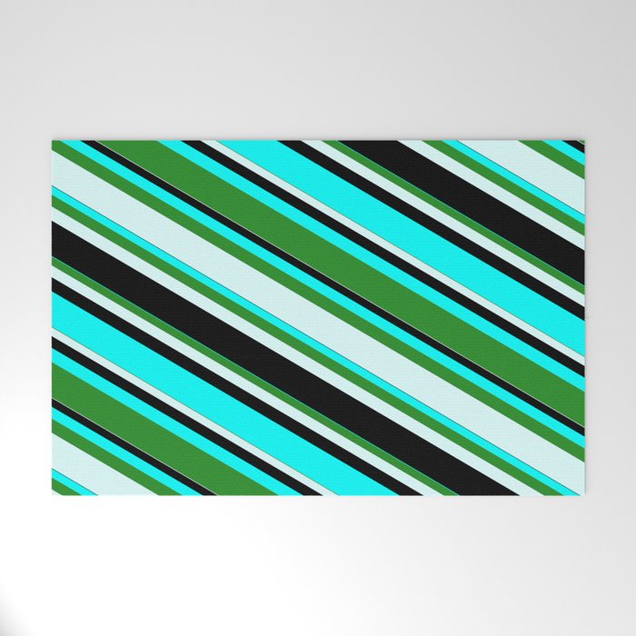 Aqua, Forest Green, Light Cyan, and Black Colored Lines/Stripes Pattern Welcome Mat