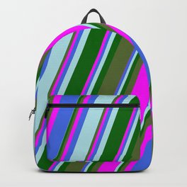 [ Thumbnail: Colorful Dark Olive Green, Fuchsia, Royal Blue, Powder Blue, and Dark Green Colored Lines Pattern Backpack ]