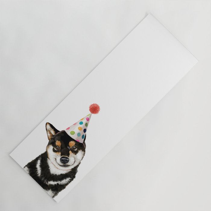 Black Shiba Inu With Party Hat Yoga Mat By Bignosework