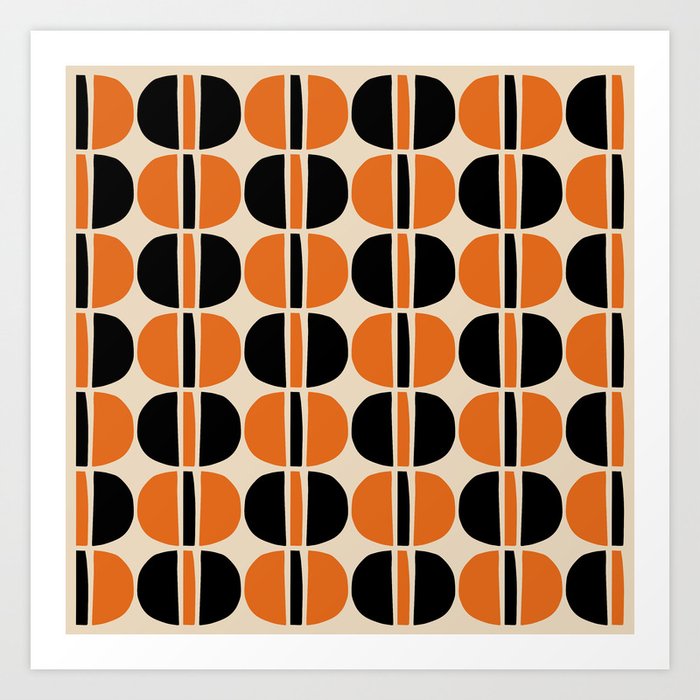 Mid Century Modern Geometric Pattern 182 Black Orange and Beige Art Print
