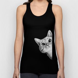 sneaky cat Unisex Tanktop | Design, Kitten, Funny, Illustration, Sneaky, Corner, Modern, Black and White, Curated, Drawing 
