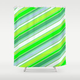 [ Thumbnail: Colorful Sea Green, Mint Cream, Lime, Light Blue, and Light Green Colored Striped/Lined Pattern Shower Curtain ]