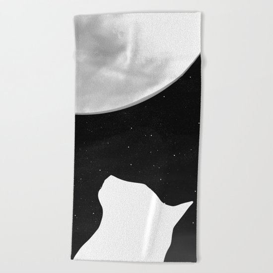 Black And White Dreaming Cat and Moon Design Beach Towel