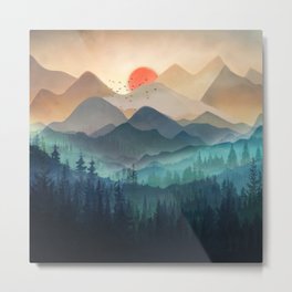 Wilderness Becomes Alive at Night Metal Print | Summer, Watercolor, Sunrise, Art, Beautiful, Painting, Peak, Forest, Pine, Mountain 