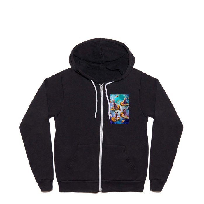 Outer Space Cats With Rainbow Laser Eyes Riding On Pizza Full Zip Hoodie