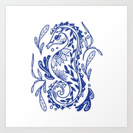 Seahorse in the ocean Indigo  Art Print