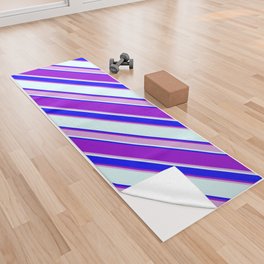 [ Thumbnail: Dark Violet, Plum, Light Cyan & Blue Colored Lined/Striped Pattern Yoga Towel ]