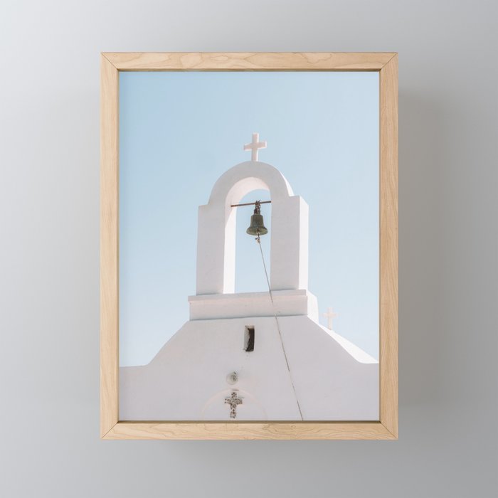 Greek White Church to the Blue Sky | Landscape and Town Travel Photography on the Islands of Greece | European Summer Art Framed Mini Art Print