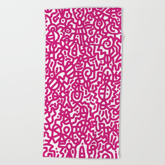 Raspberry on White Doodles Beach Towel