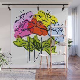 Big Colorful Summer Flowers On White Retro Modern Wall Mural
