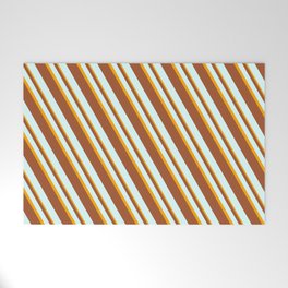 [ Thumbnail: Sienna, Light Cyan & Orange Colored Stripes Pattern Welcome Mat ]