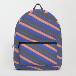 [ Thumbnail: Light Salmon, Royal Blue & Dim Gray Colored Pattern of Stripes Backpack ]