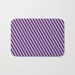 [ Thumbnail: Eye-catching White, Slate Gray, Violet, Indigo, and Black Colored Lined Pattern Bath Mat ]