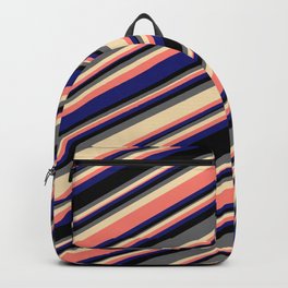 [ Thumbnail: Vibrant Black, Dim Gray, Tan, Salmon & Midnight Blue Colored Stripes Pattern Backpack ]