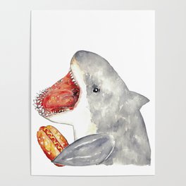 Shark hotdog watercolor painting  Poster