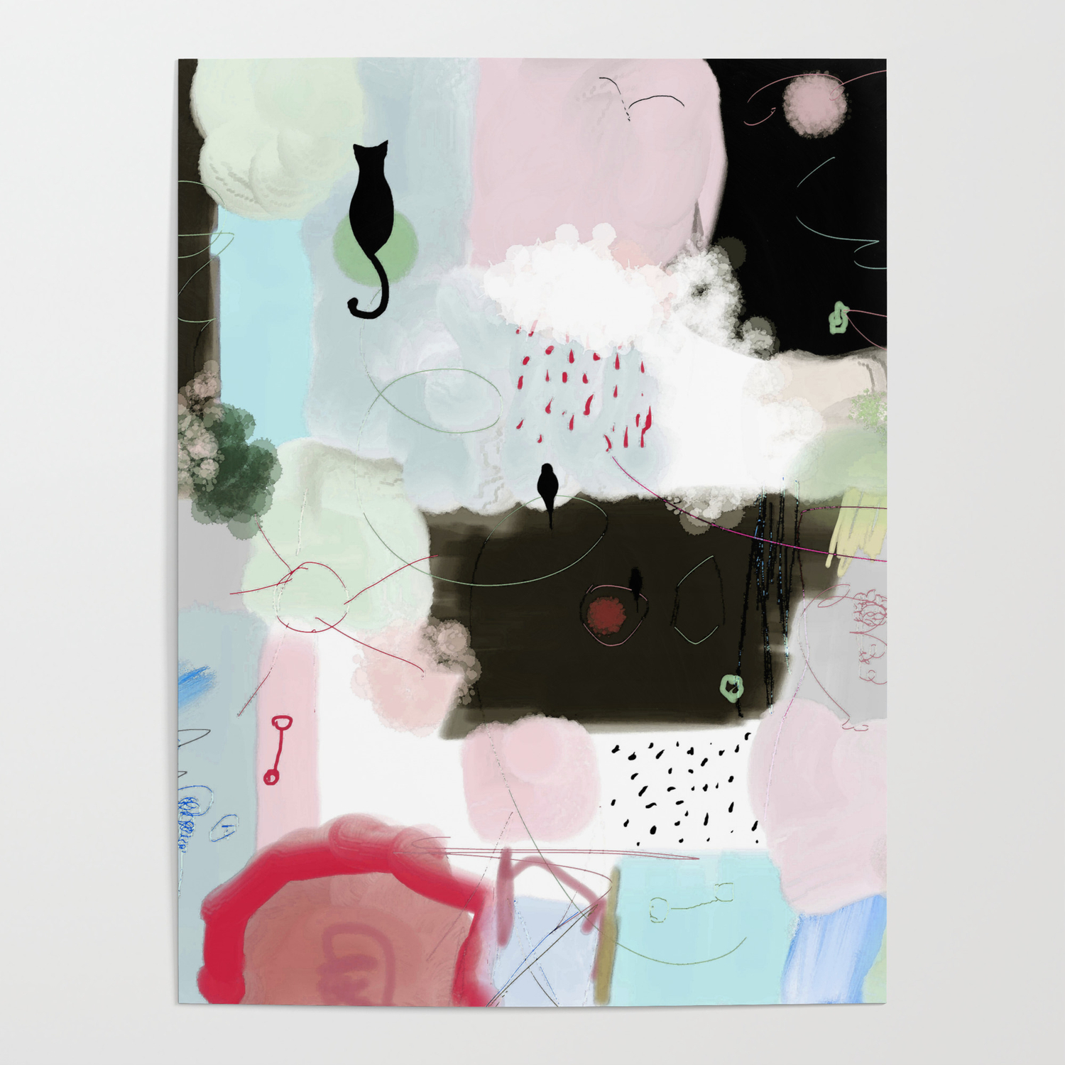 Peinture Tons Pastels Chat Oiseau Bulles Abstrait Moderne Poster By Imaregina Society6