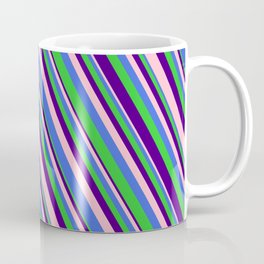 [ Thumbnail: Pink, Royal Blue, Lime Green, and Indigo Colored Lined/Striped Pattern Coffee Mug ]