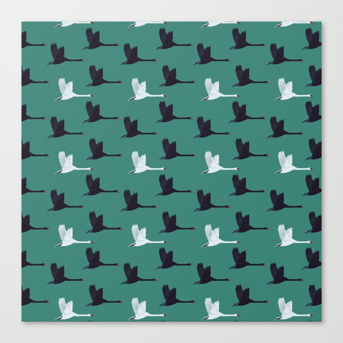 Flying Elegant Swan Pattern on Green Blue Background Canvas Print