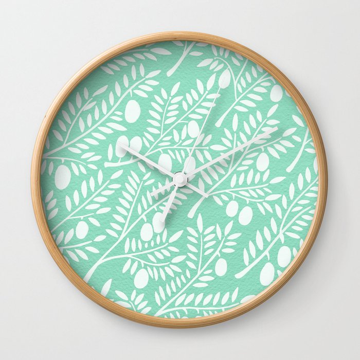 Mint Olive Branches Wall Clock