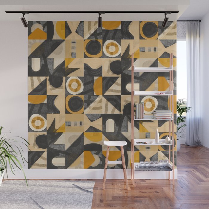 Yellow sand mid century grid pattern Wall Mural