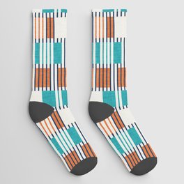 Bold minimalist retro stripes // midnight blue orange and peacock blue geometric grid  Socks