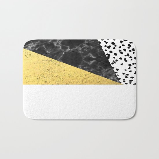 Mele - gold abstract painting art decor dorm college trendy hipster foil glitter black and white dot Bath Mat