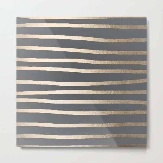 Simply Drawn Stripes White Gold Sands on Storm Gray Metal Print