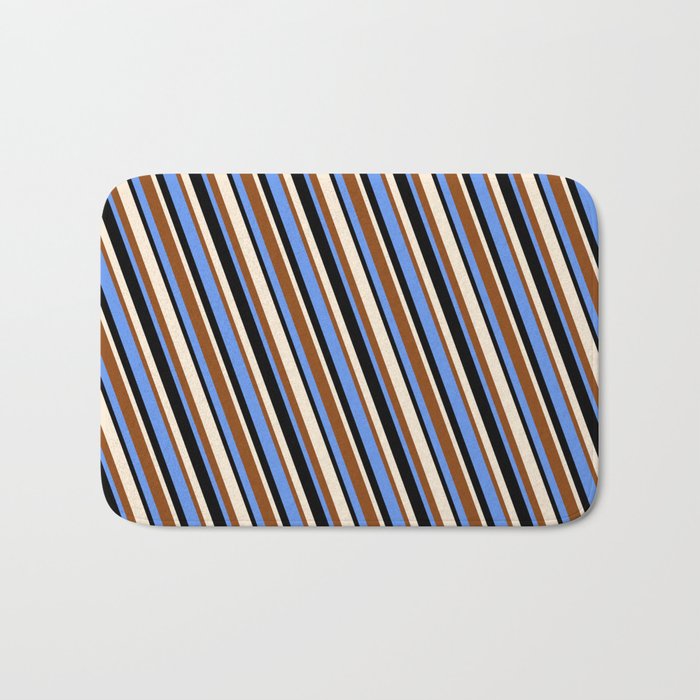Brown, Cornflower Blue, Black, and Beige Colored Lines/Stripes Pattern Bath Mat