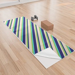 [ Thumbnail: Green, Beige, Midnight Blue & Turquoise Colored Lined/Striped Pattern Yoga Towel ]