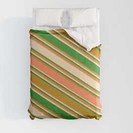 [ Thumbnail: Coral, Tan, Forest Green, and Dark Goldenrod Colored Stripes/Lines Pattern Comforter ]