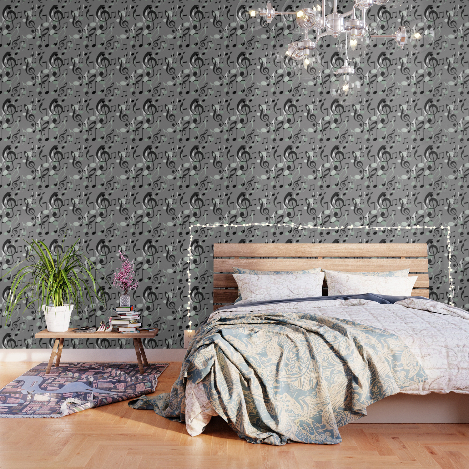 Flying Music Notes Grey And White Wallpaper