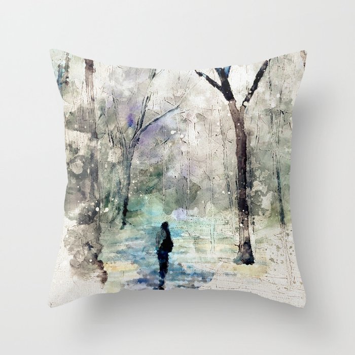 Winter Walking Alone Abstract Watercolor Forest Grunge Painting Throw Pillow