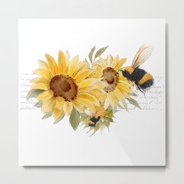 Elegant Honeybee Sunflowers Vintage Letter Design Metal Print