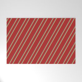 [ Thumbnail: Red, Gray, and Dark Khaki Colored Striped Pattern Welcome Mat ]