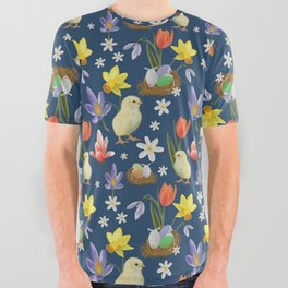 Colorful pattern with easter chicks, easter nests, tulips, daffodils, crocuses, wood anemones All Over Graphic Tee