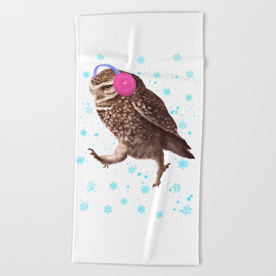 Owl with headphones Beach Towel