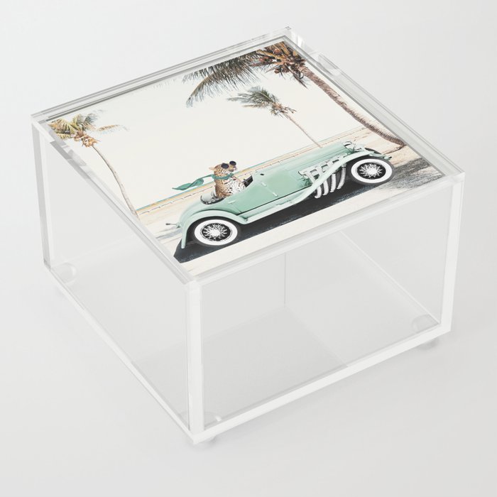 Leopard in retro car with scarf and sunglasses Acrylic Box