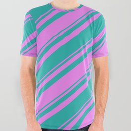 [ Thumbnail: Violet and Light Sea Green Colored Stripes/Lines Pattern All Over Graphic Tee ]