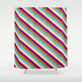 [ Thumbnail: Purple, Chocolate, Turquoise & Tan Colored Striped Pattern Shower Curtain ]