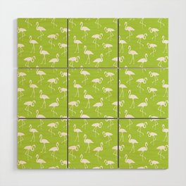 White flamingo silhouettes seamless pattern on apple green background Wood Wall Art