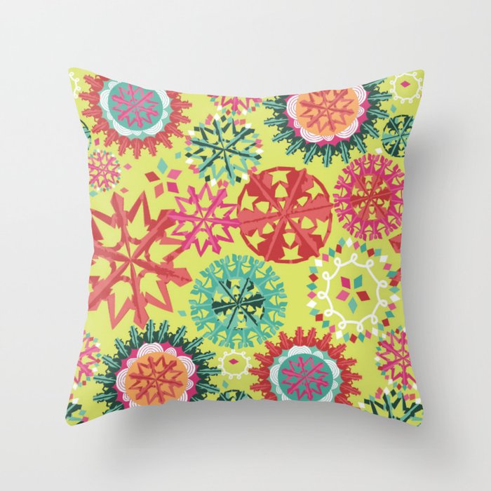 Contemporary / Modern Christmas Snowflake Print - Chartreuse / Coral / Red / Green Throw Pillow