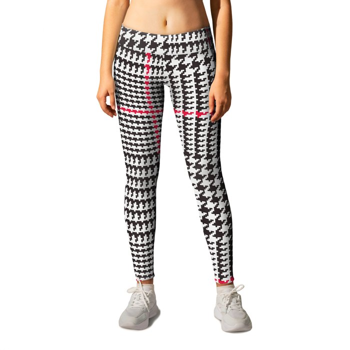 Black and White Glen Plaid with Red Stripe Leggings