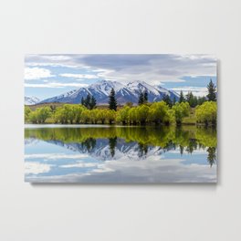 Green Reflections Metal Print | Blue, Mountain, Landscape, Cloudy, Clouds, Lakeside, Spring, Newzealand, Idyllic, Lake 