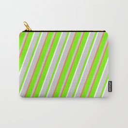 [ Thumbnail: Green, White, Light Gray & Salmon Colored Striped/Lined Pattern Carry-All Pouch ]