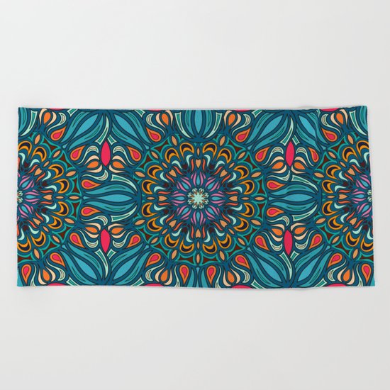 Colorful abstract ethnic floral mandala pattern design Beach Towel